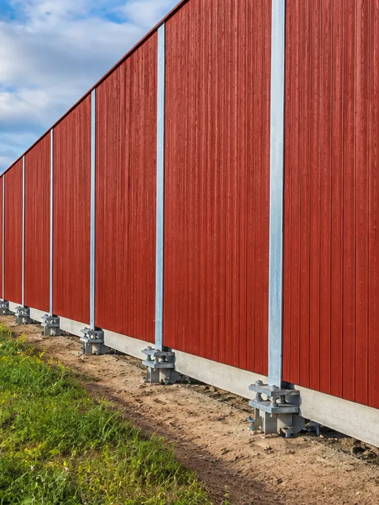 Röd bullervägg längs järnvägen